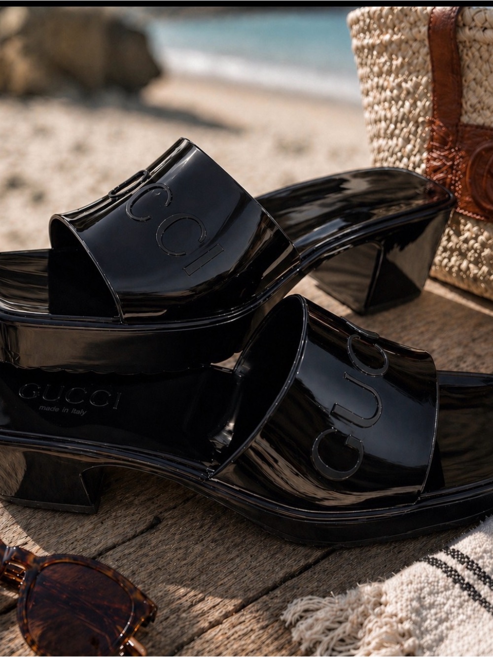 Authentic Gucci Black Embossed Patent/Rubber Platform Slide Mules IT 38 COA - Picture 8 of 14